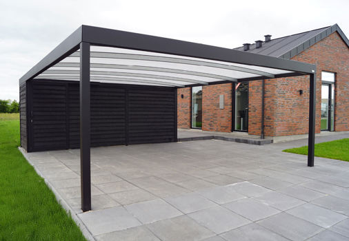 UNA sortlakeret carport med redskabsrum bagerst