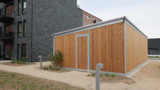 PLAN Cykeloverdaekninger To Etager Lodrette Lameller Thermowood Plads Til 72 Cykler