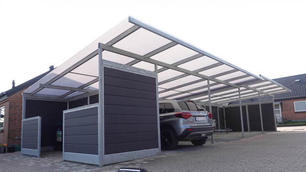 PLAN carportanlæg med containerafskærmning under samme tag