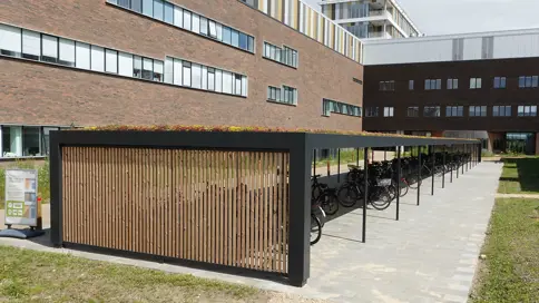 Stor KUBIC Cykeloverdaekning Med Sedumtag Og Lodrette Traelameller